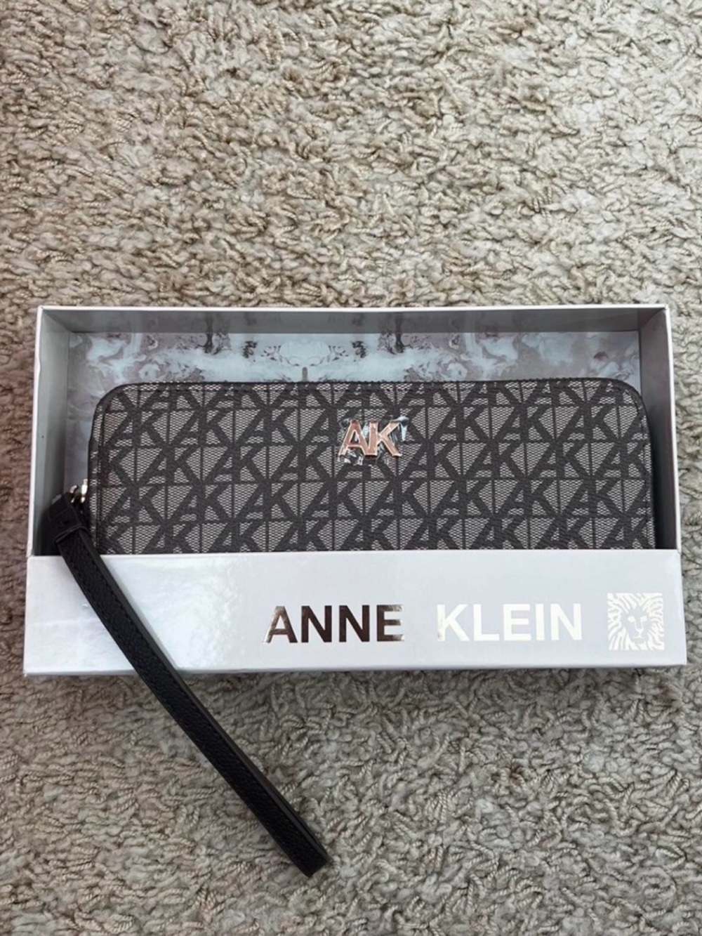 Anne Klein Dark Grey Monogram Zip Wristlet with Silver AK Logo